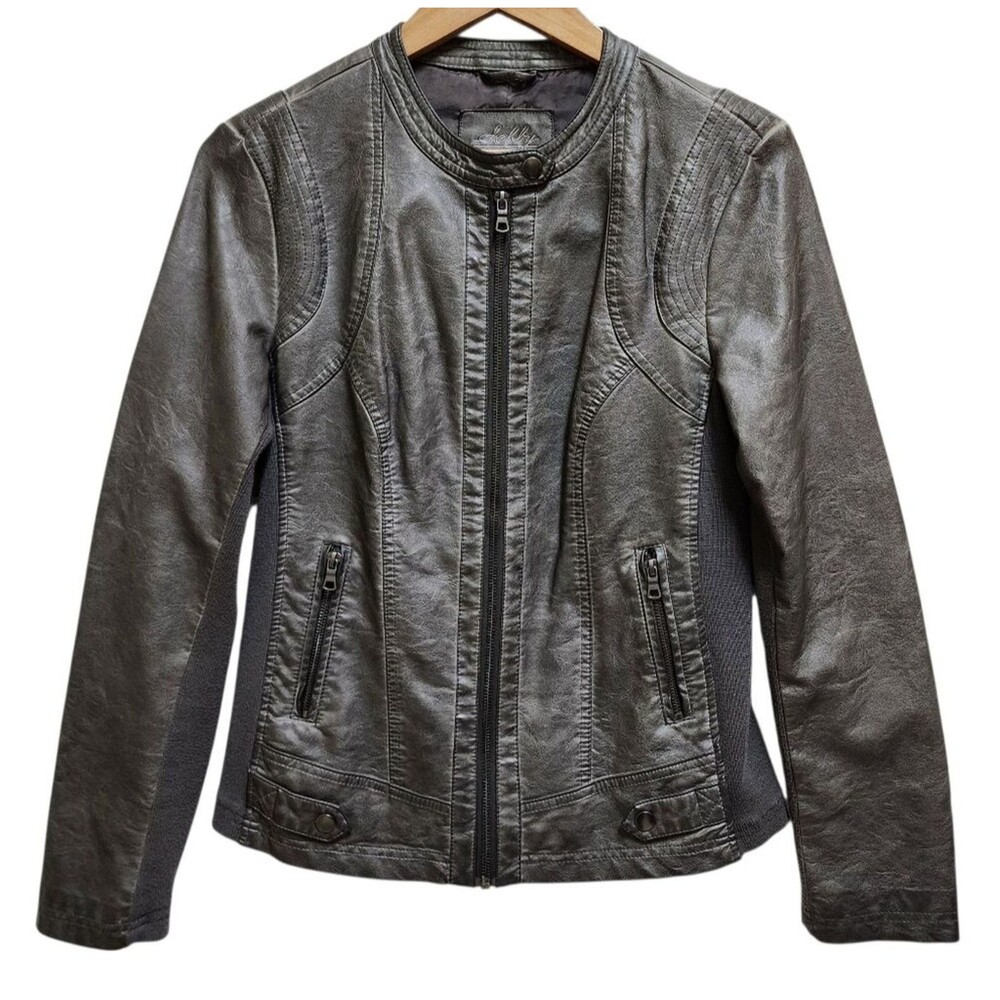 Sebby Gray Faux Leather Ribbed Knit Full Zip Moto Jacket Women Sz M Biker Grunge